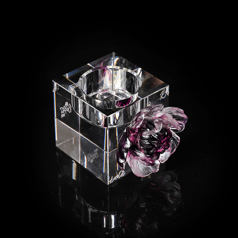 Crystal Cube Tea Candle Holder with Rose Decoration