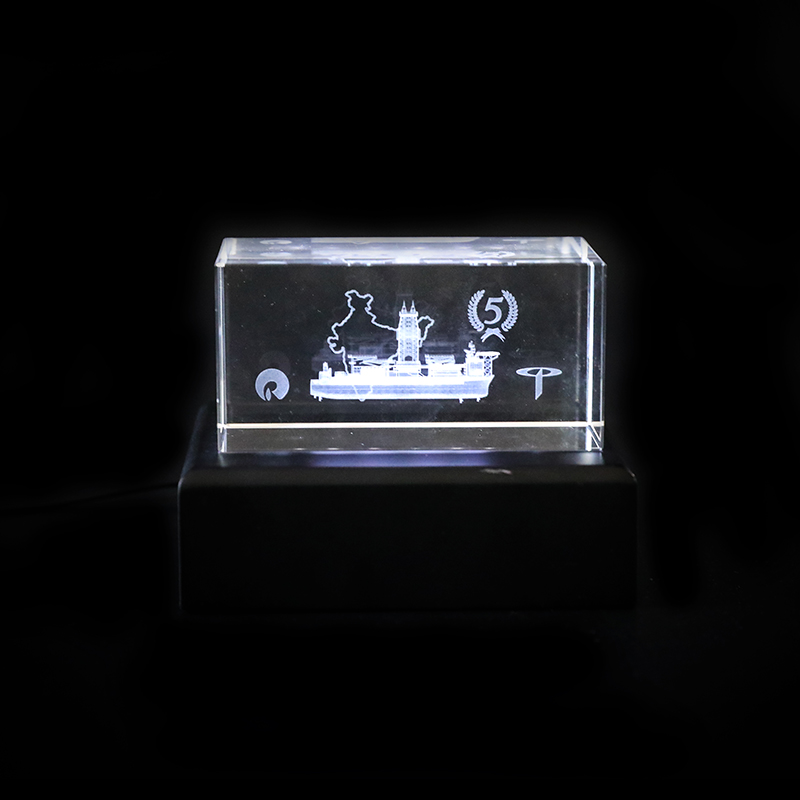 Crystal 3D Ship Model With Interior Carved Cube And LED Base